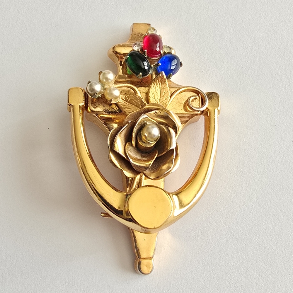 Vintage Coro brooch doorknocker door knocker gold tone rose floral